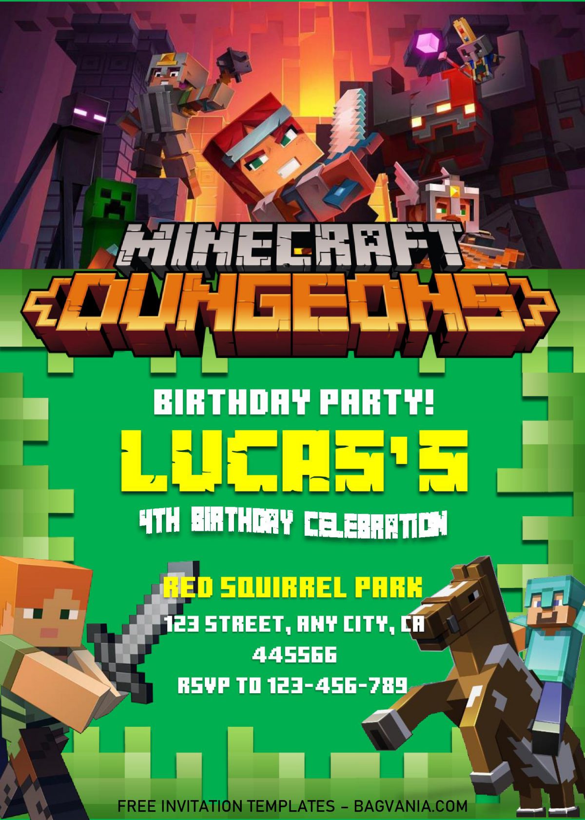 Minecraft Birthday Invitation Templates - Editable With MS Word and has minecraft's characters graphics