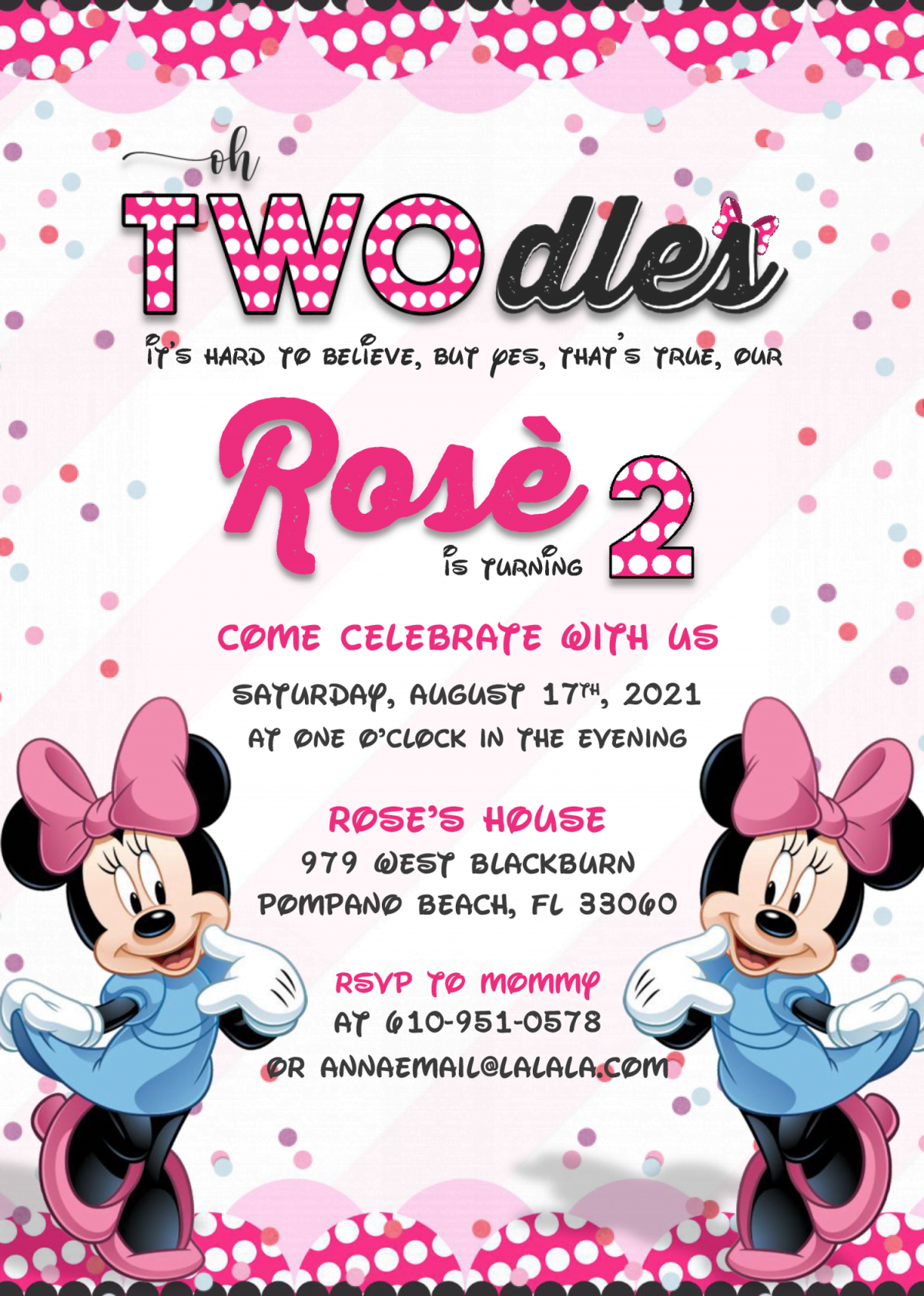 Minnie Mouse Invitation Templates - Editable With MS Word and has cute and pink font styles