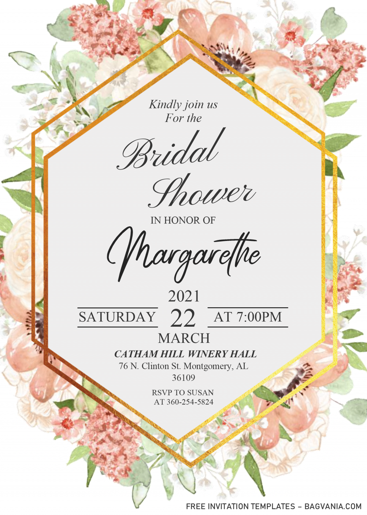 Modern Floral Invitation Templates - Editable .DOCX and has gold frame