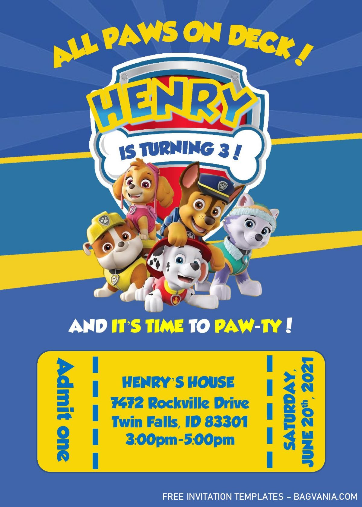 Paw Patrol Invitation Templates - Editable With MS Word and has ticket style presentation