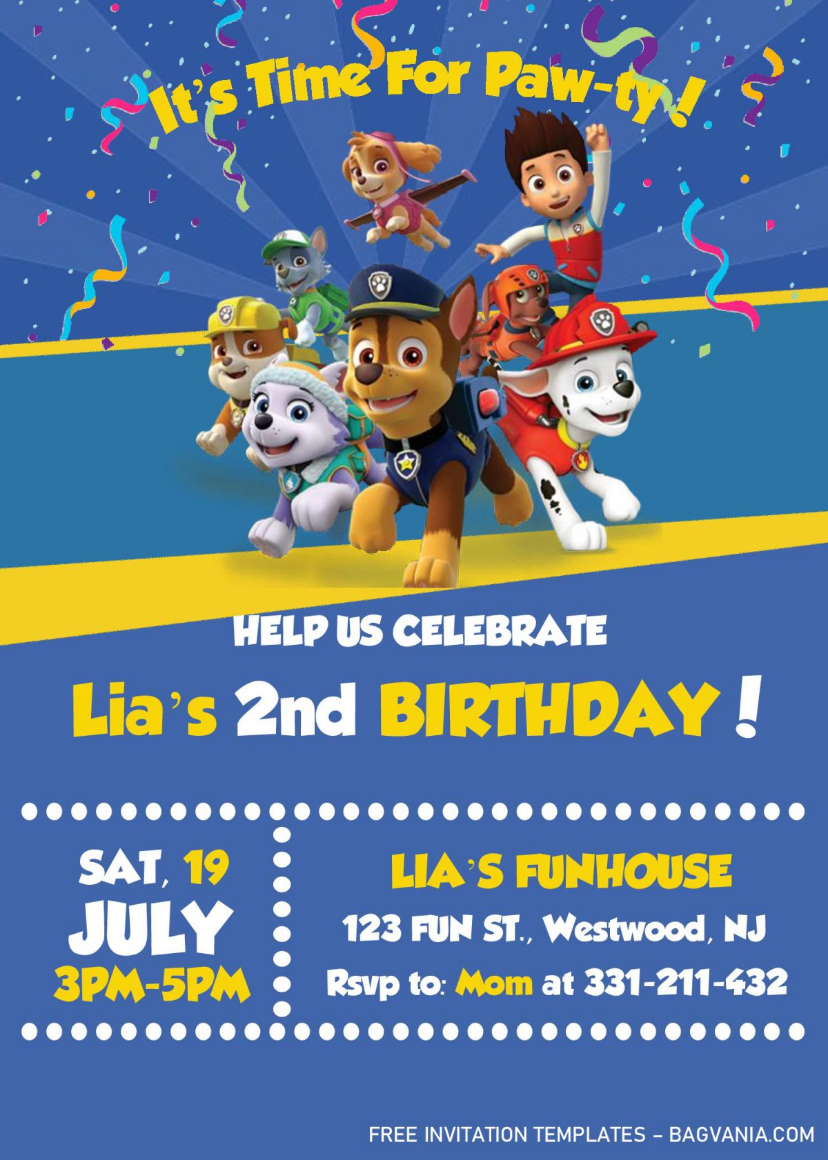 Paw Patrol Invitation Templates - Editable With MS Word and has confetti decorations