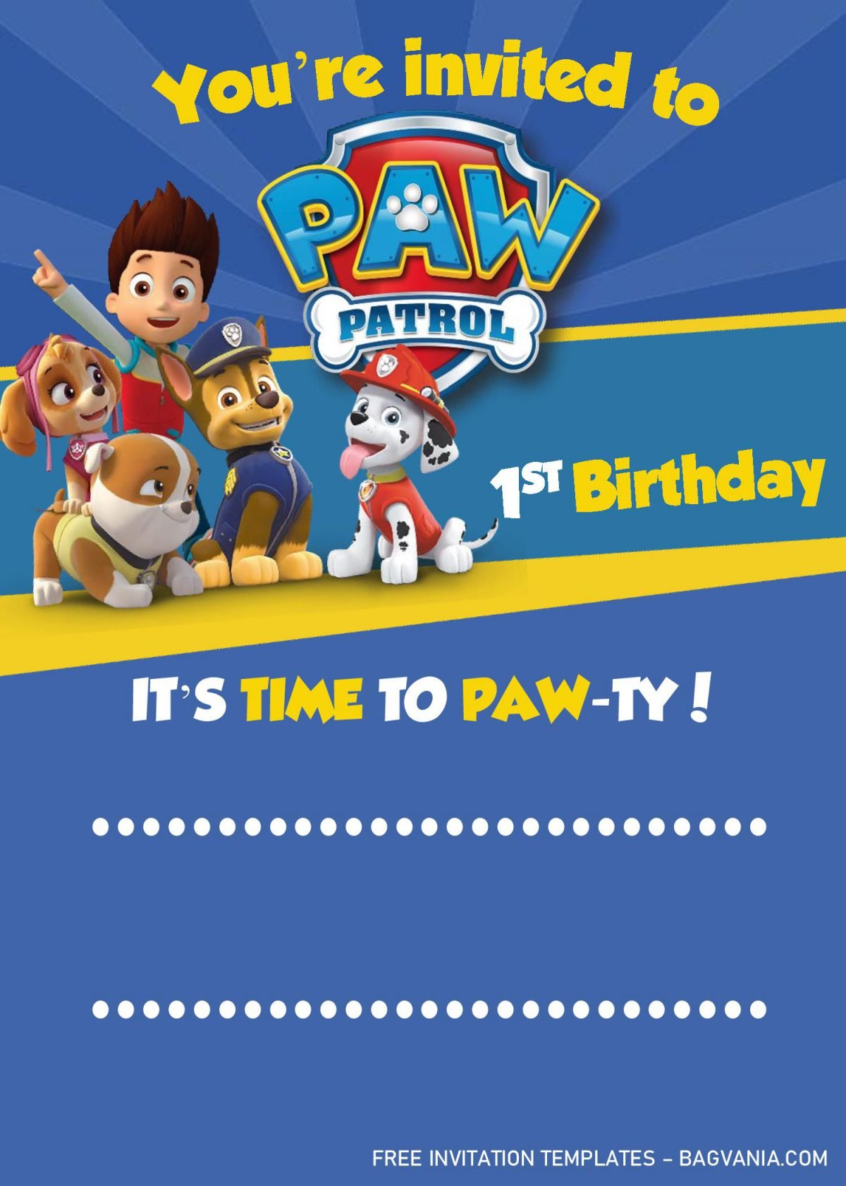 Paw Patrol Invitation Templates - Editable With MS Word and has blue background