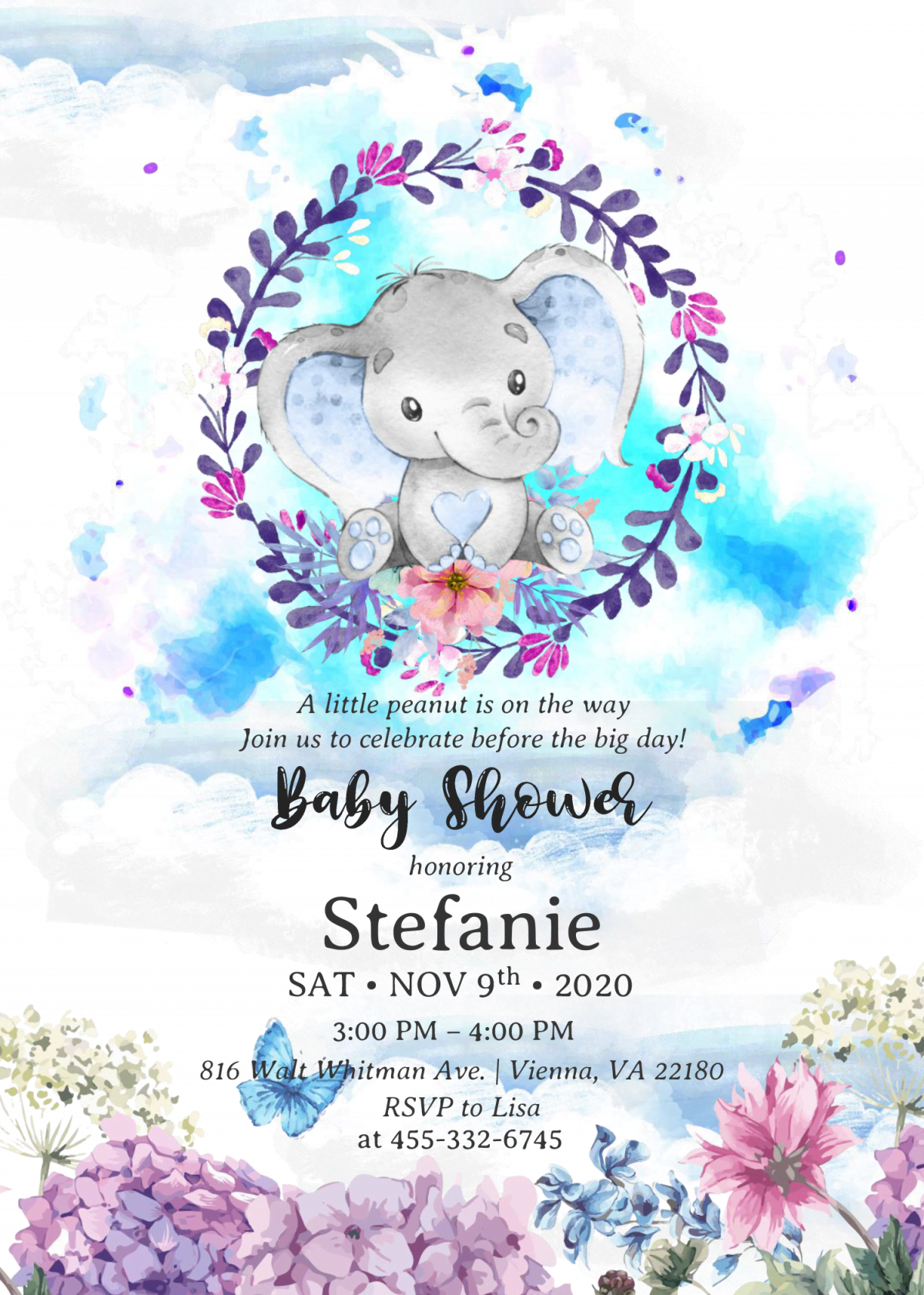 Watercolor Baby Elephant Invitation Templates - Editable With MS Word and has floral wreath