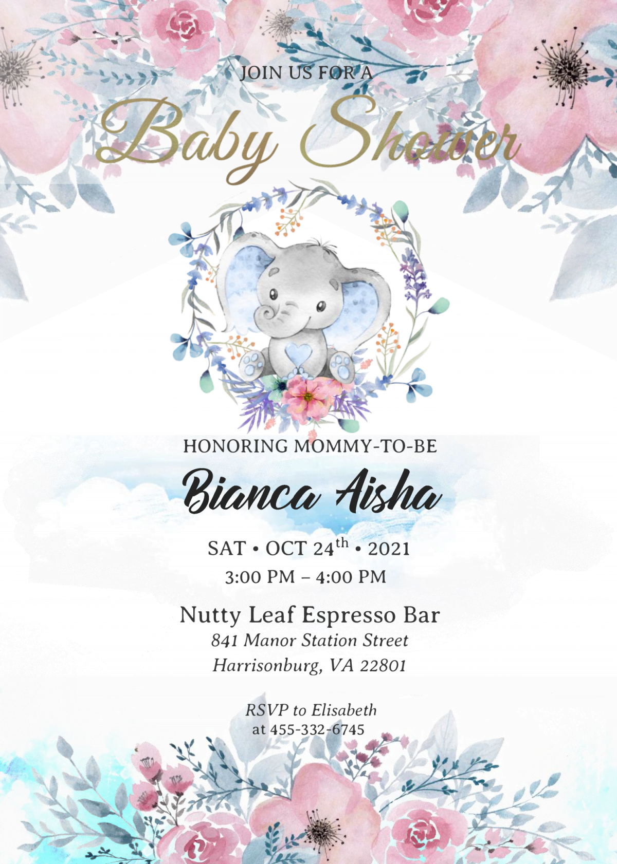Watercolor Baby Elephant Invitation Templates - Editable With MS Word and has white background