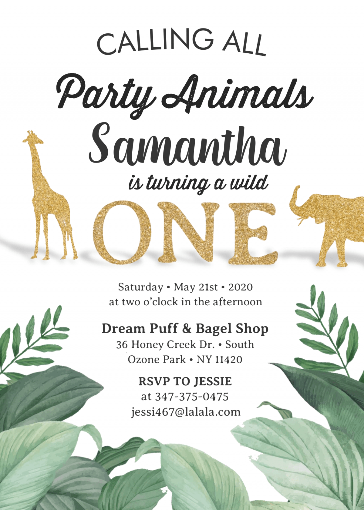 Wild One Invitation Templates - Editable With MS Word and has Gold Giraffe and Elephant