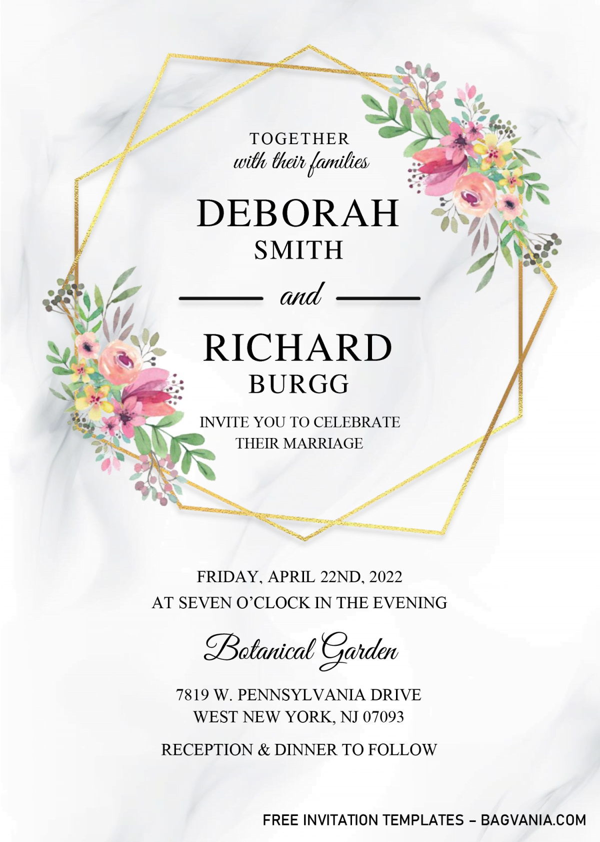 Gold Geometric Floral Invitation Templates - Editable With Microsoft Word and has blush pink floral