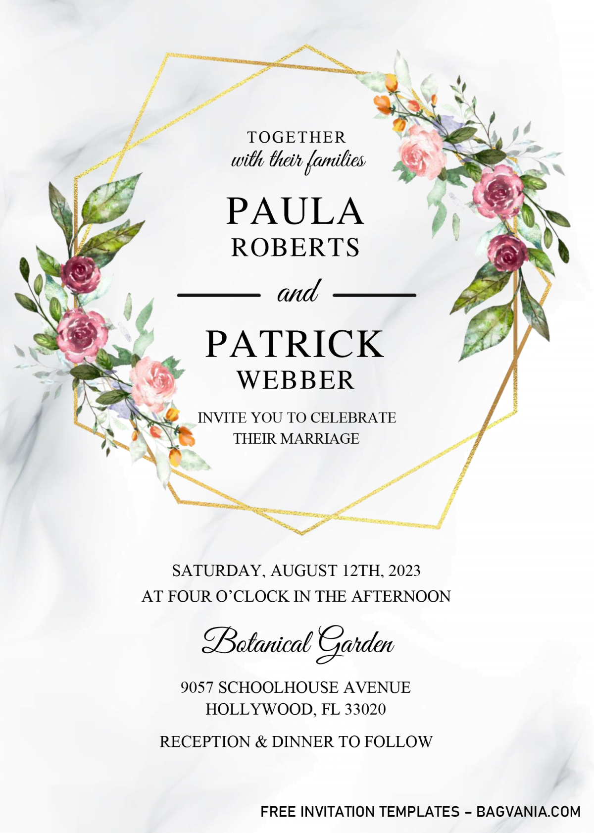 Gold Geometric Floral Invitation Templates - Editable With Microsoft Word and has white marble background