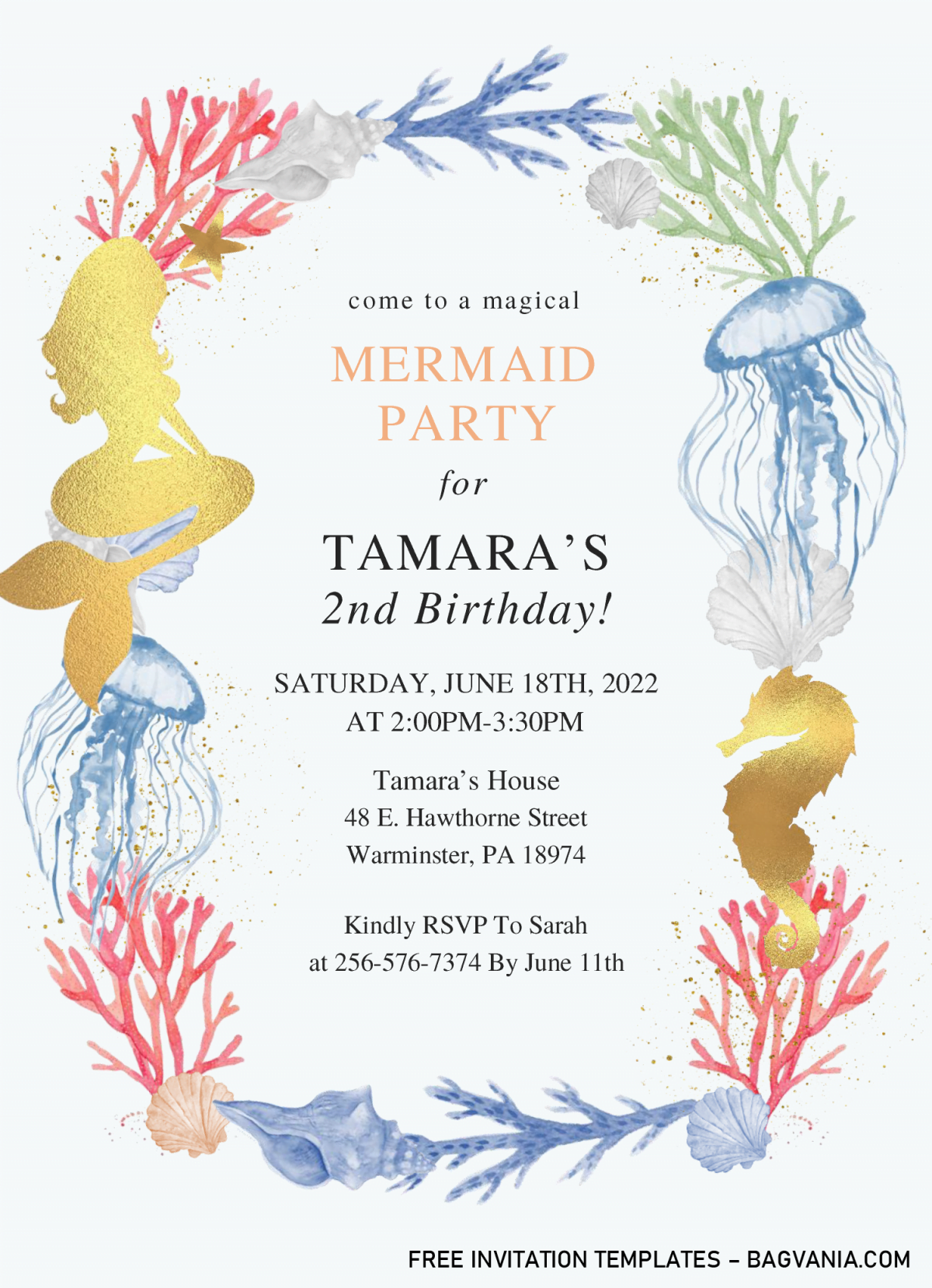 Mermaid Party Invitation Templates - Editable With Microsoft Word and has gold seahorse