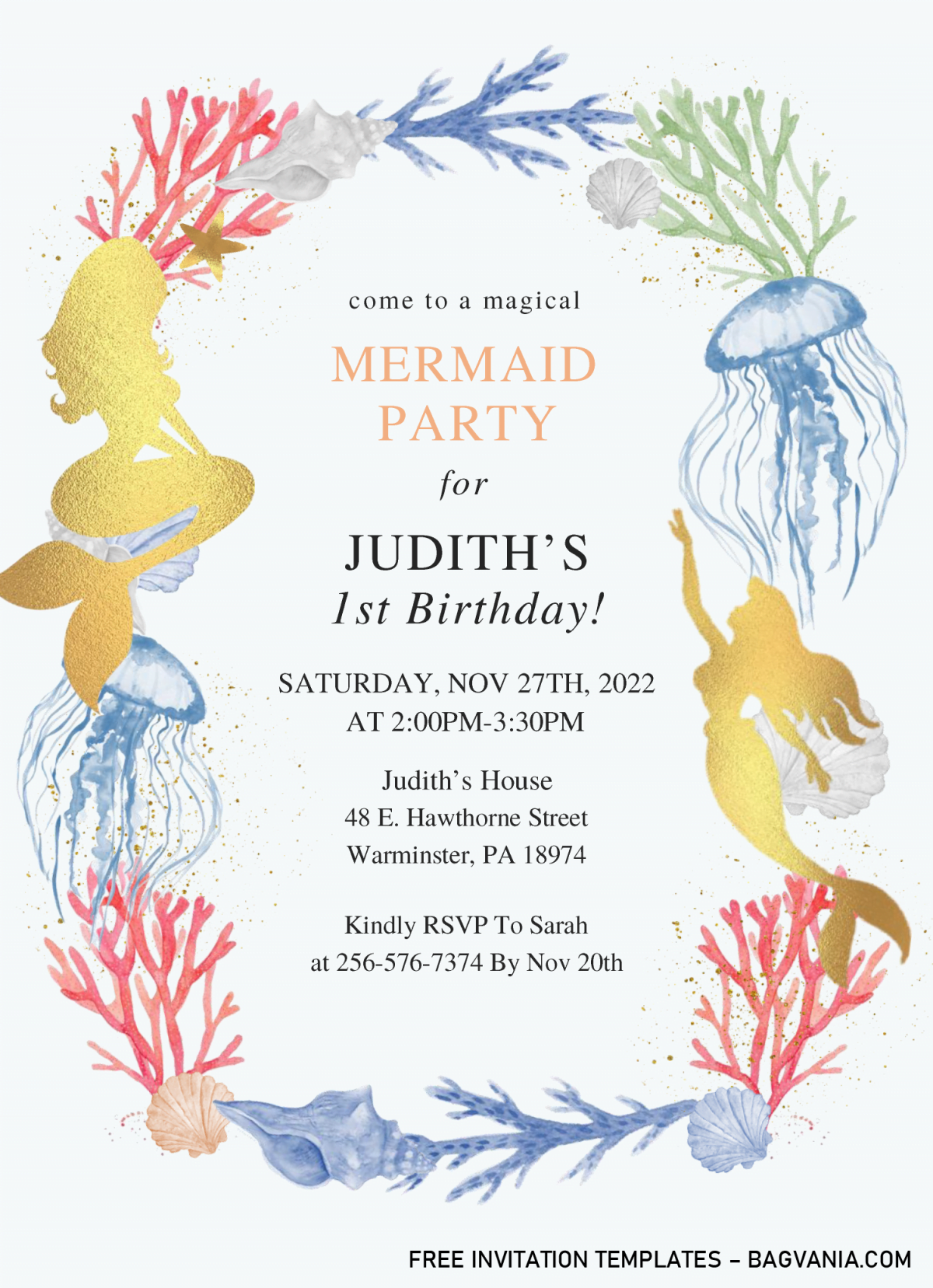 Mermaid Party Invitation Templates - Editable With Microsoft Word and has jellyfish and seashell