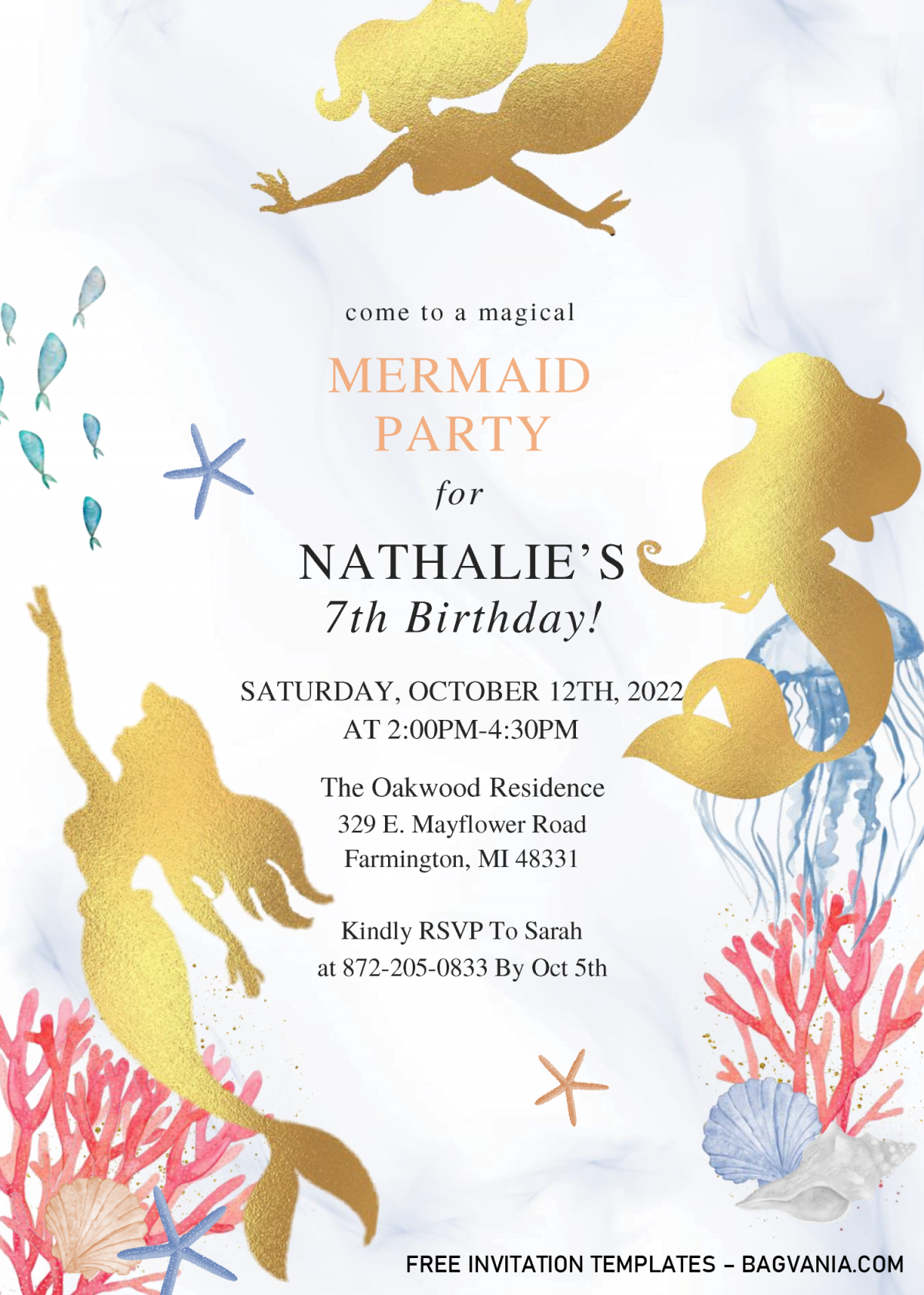 Mermaid Party Invitation Templates - Editable With Microsoft Word and has watercolor coral reef