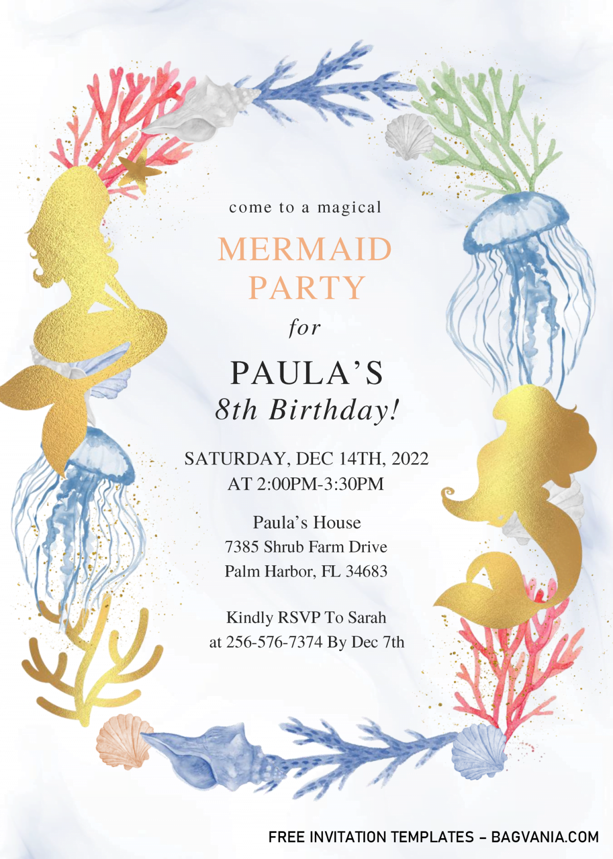 Mermaid Party Invitation Templates - Editable With Microsoft Word and has gold mermaid silhouette