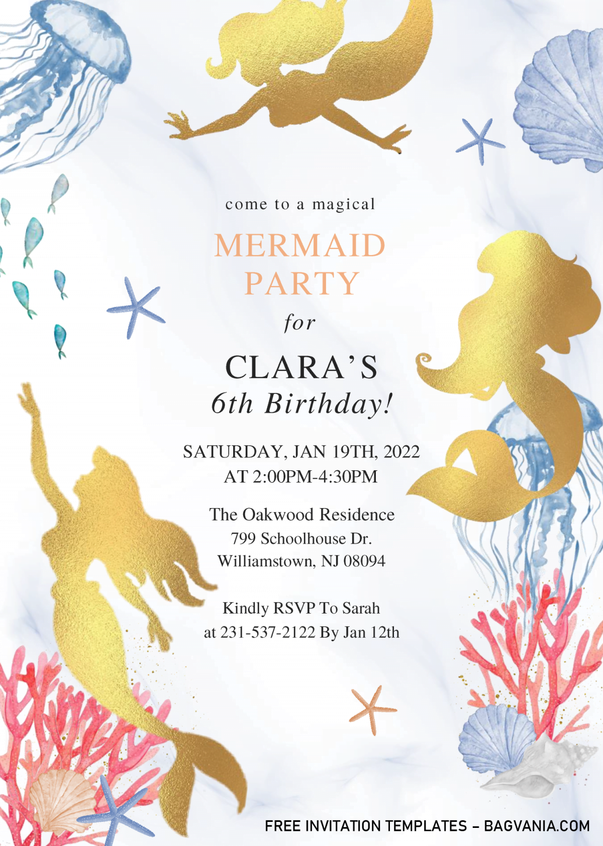 Mermaid Party Invitation Templates - Editable With Microsoft Word and has white and blue marble background