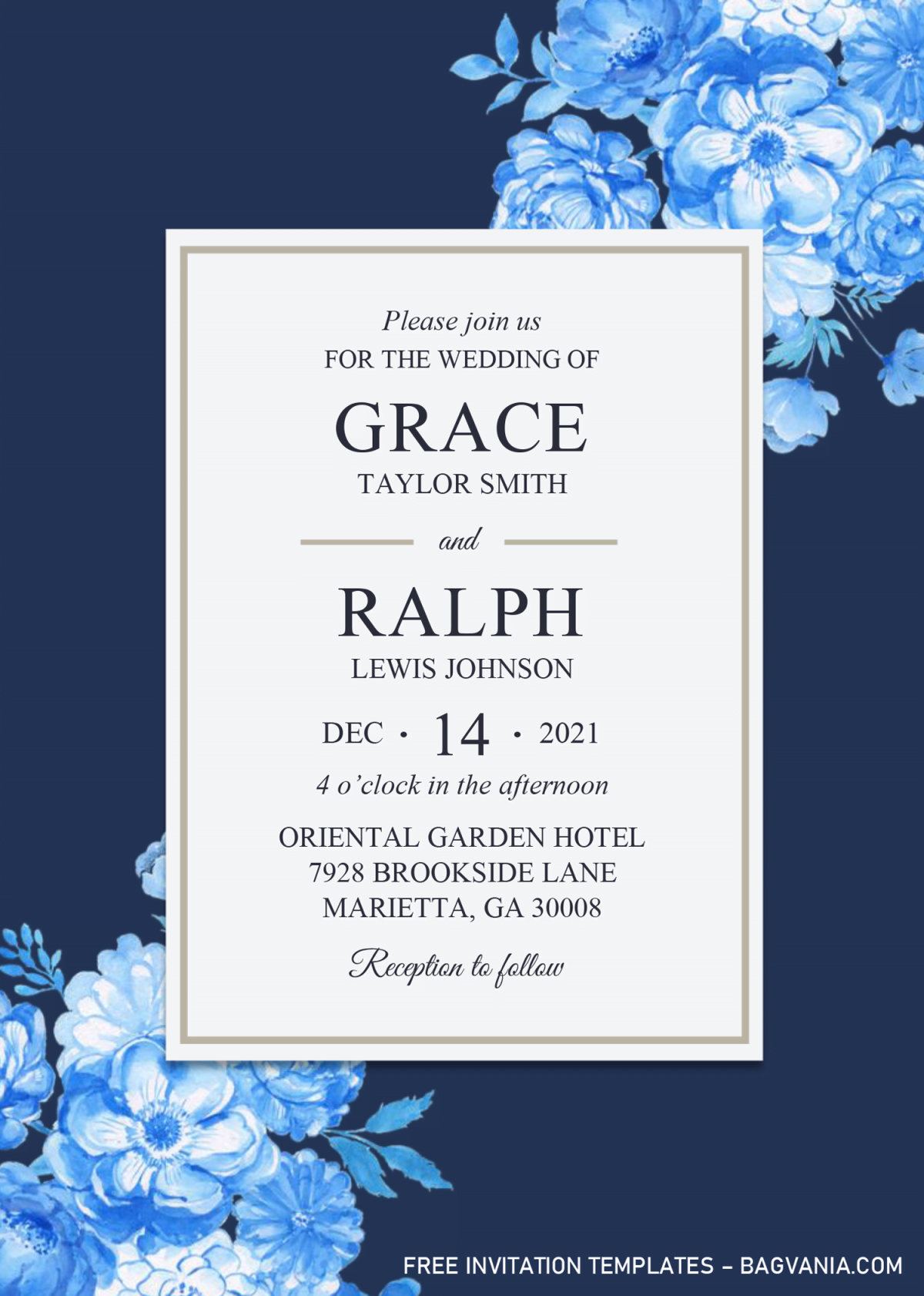 Modern Navy Invitation Templates - Editable With Microsoft Word and has blue peonies