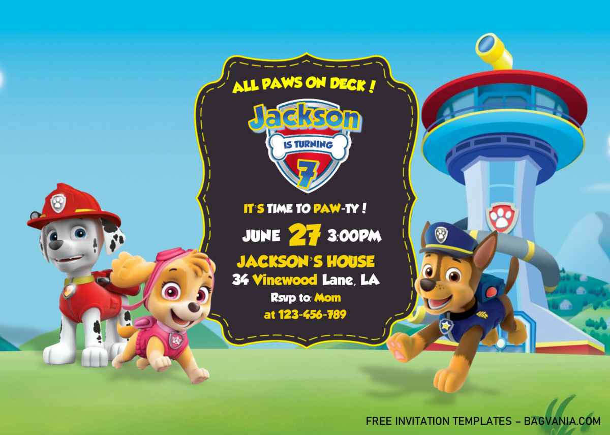 Free PAW Patrol Invitation Templates - Editable With MS Word and has Chase and Skye