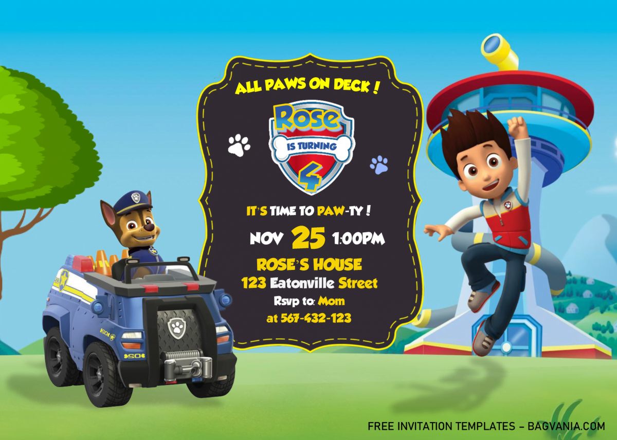 Free PAW Patrol Invitation Templates - Editable With MS Word and has Chase and his police car