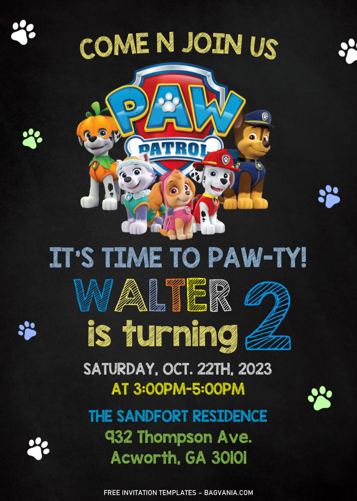 PAW Patrol Invitation Templates - Editable With Microsoft Word and has colorful paw prints