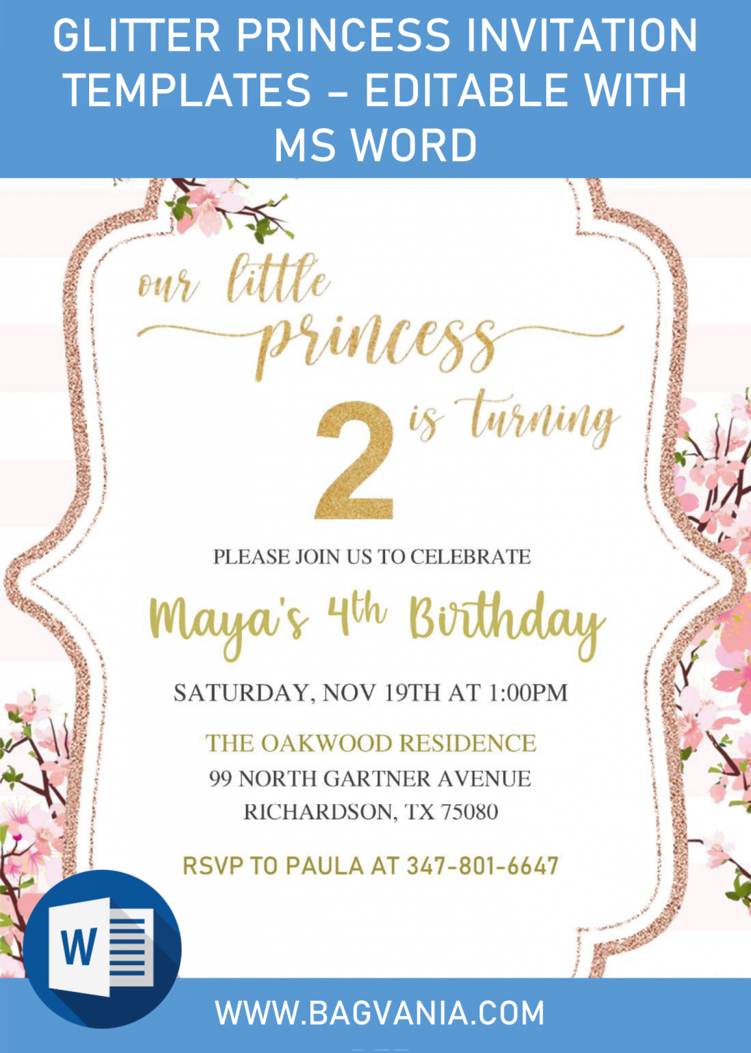 Glitter Princess Invitation Templates – Editable With MS Word | FREE ...