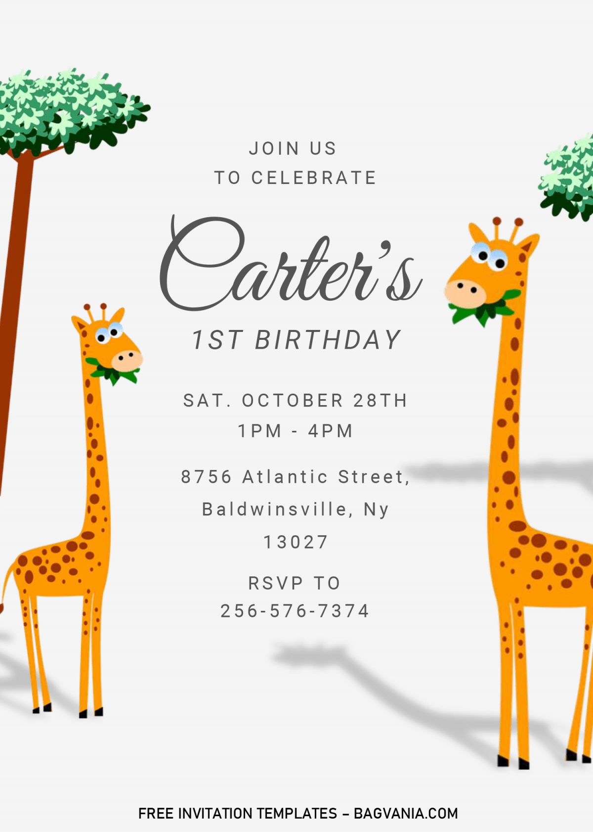 Safari Baby Invitation Templates - Editable With MS Word and has cute giraffe eating leaves