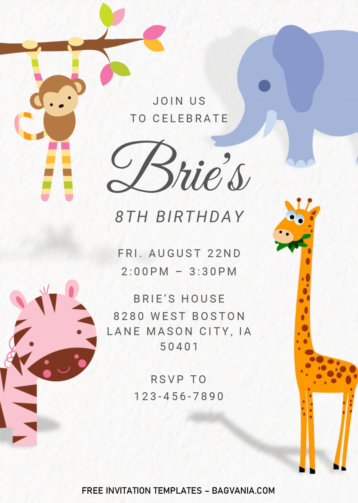 Safari Baby Invitation Templates - Editable With MS Word and has pink zebra and blue elephant