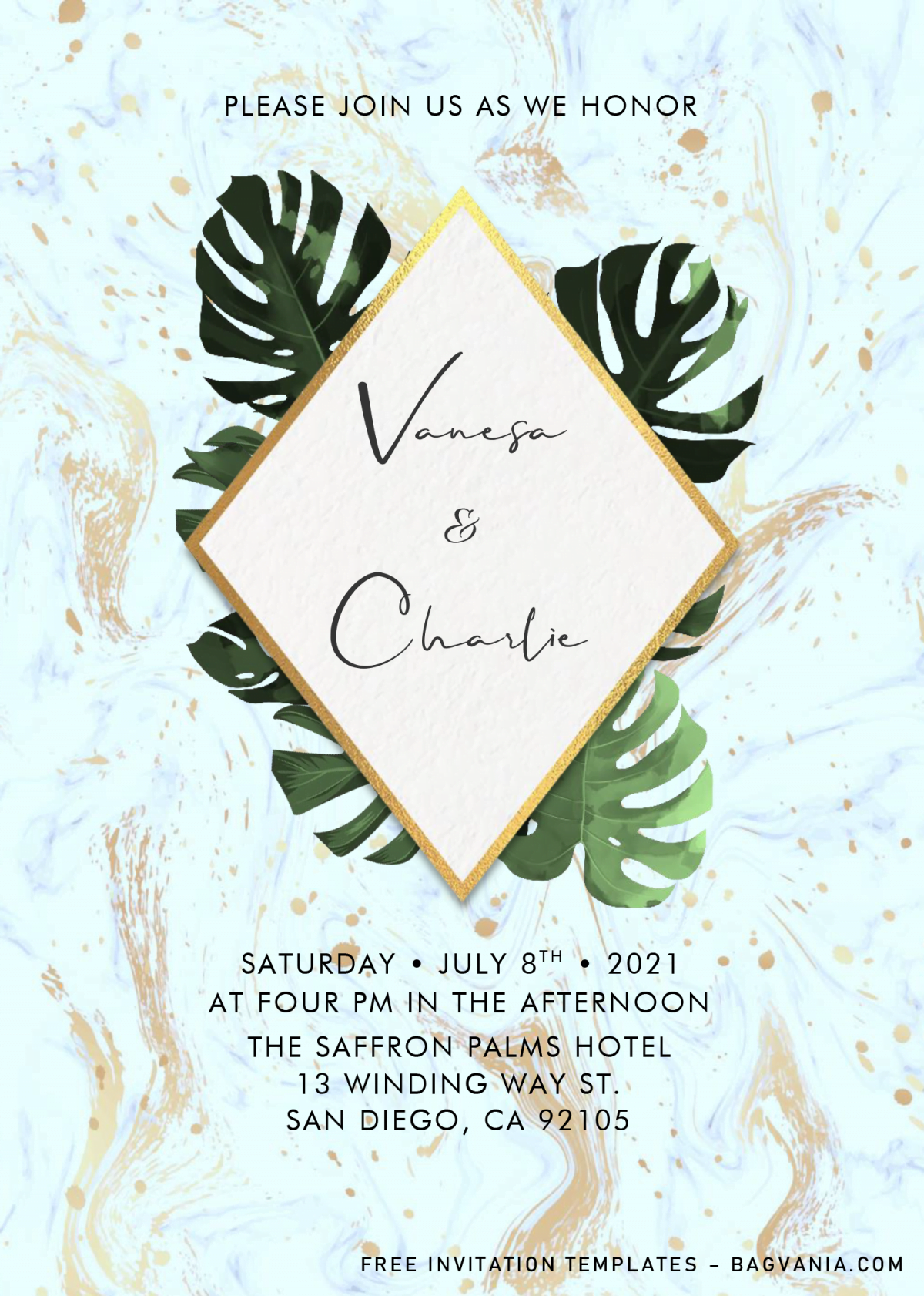 Classy Tropical Invitation Templates - Editable .Docx and has gold marble background