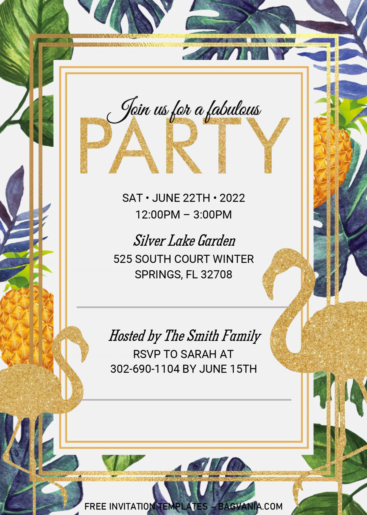 Summer Party Invitation Templates - Editable .Docx and has Gold Glitter Flamingo