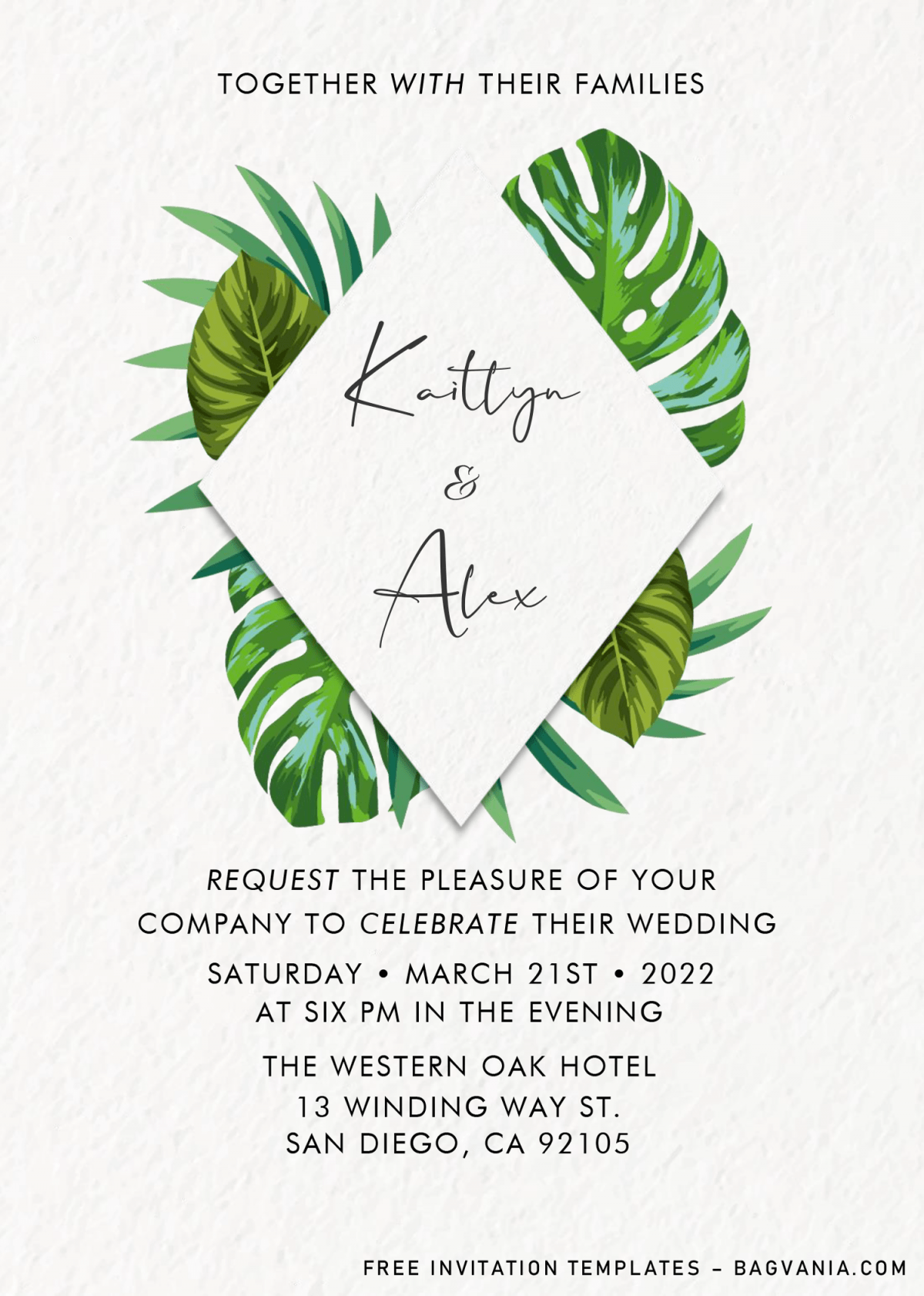 Classy Tropical Invitation Templates - Editable .Docx and has green leaves decorations