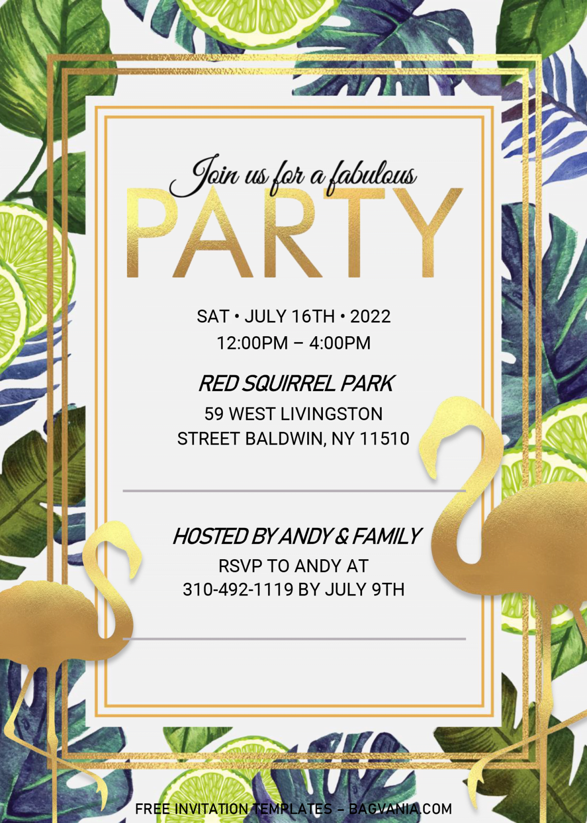 Summer Party Invitation Templates - Editable .Docx and has gold text frame