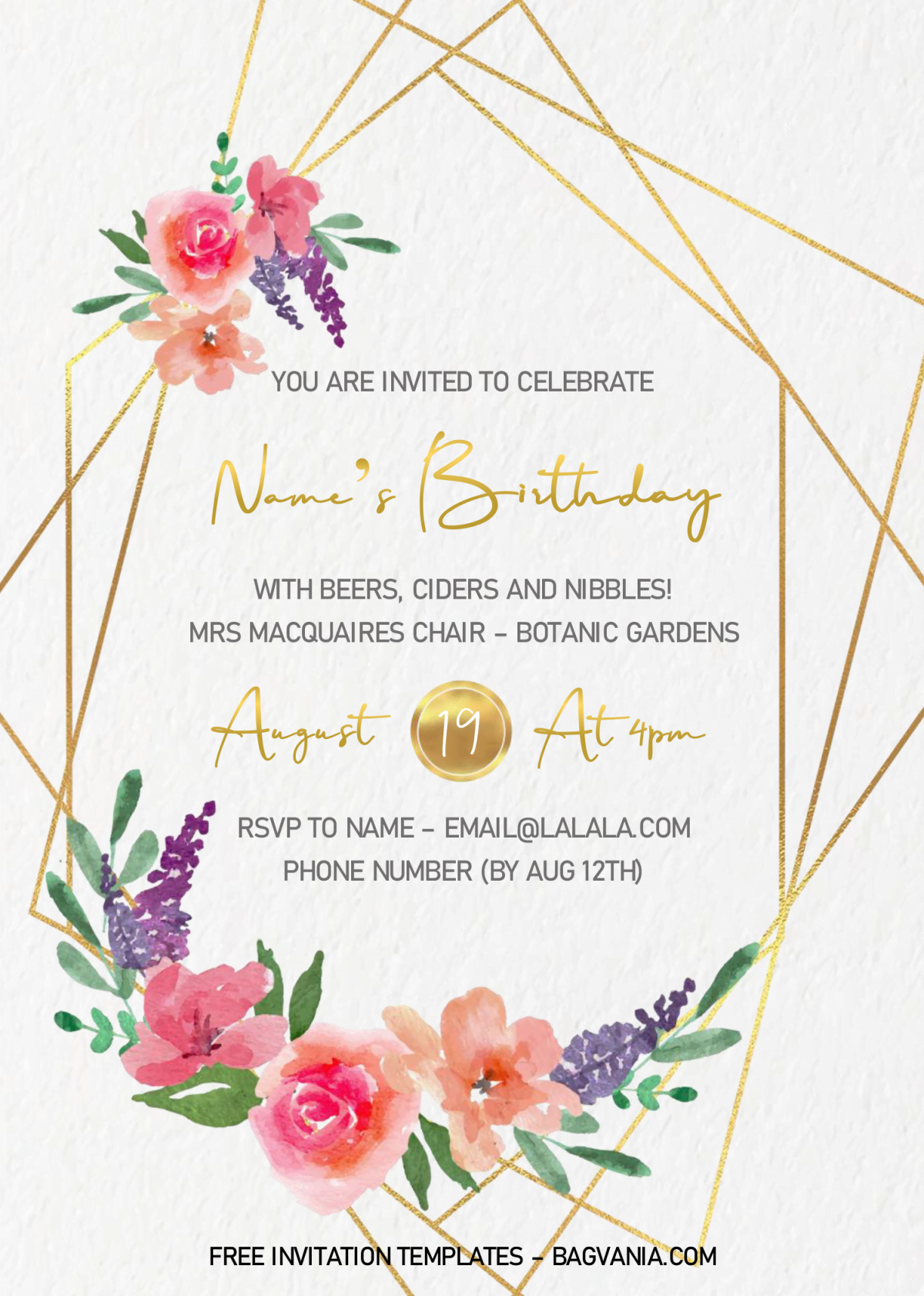Gold Geometric Invitation Templates - Editable .Docx and has watercolor floral
