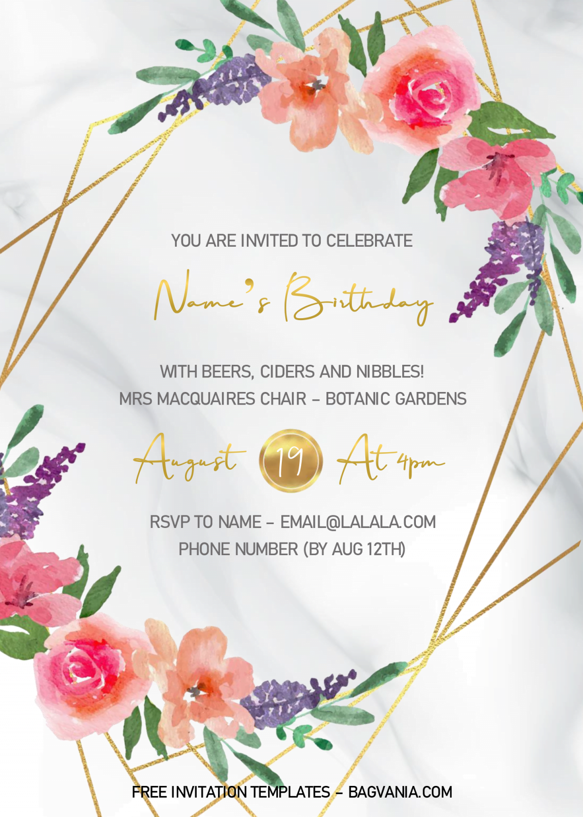 Gold Geometric Invitation Templates - Editable .Docx and has white marble background