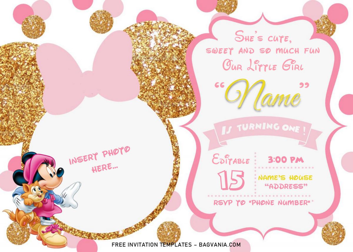 Pink And Gold Minnie Mouse Birthday Invitation Templates - Editable .Docx and has photo frame and cute pink text frame