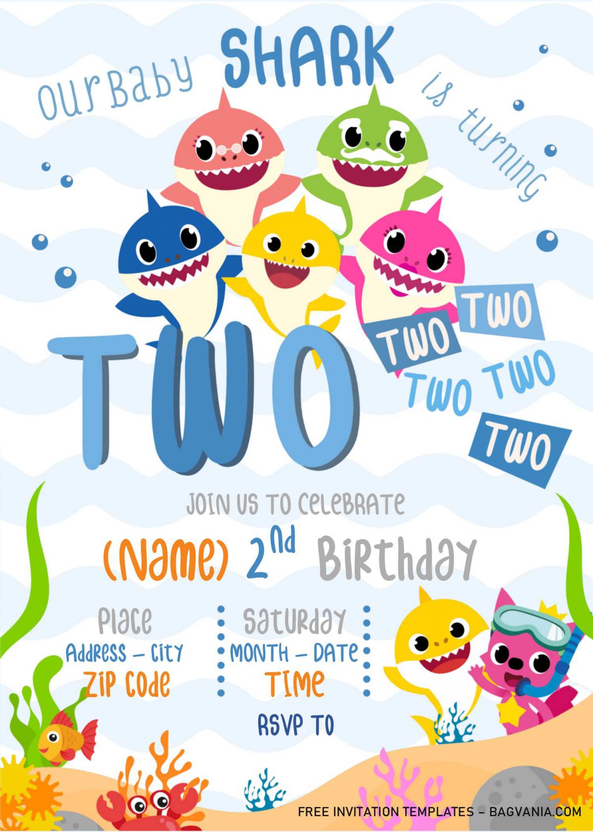 Baby Shark Birthday Invitation Templates - Editable With Microsoft Word and has blue wave background