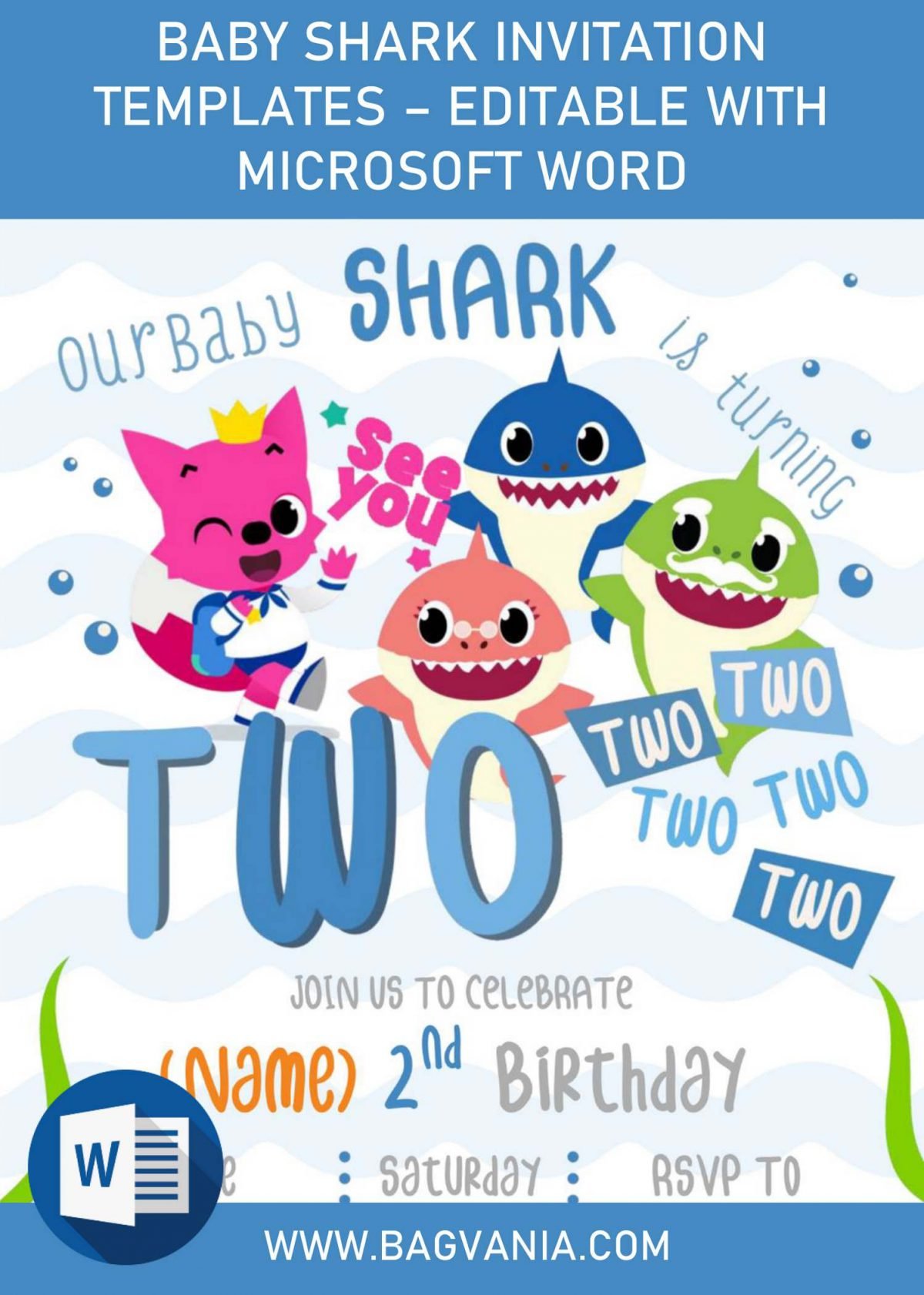 Baby Shark Birthday Invitation Templates - Editable With Microsoft Word and has 