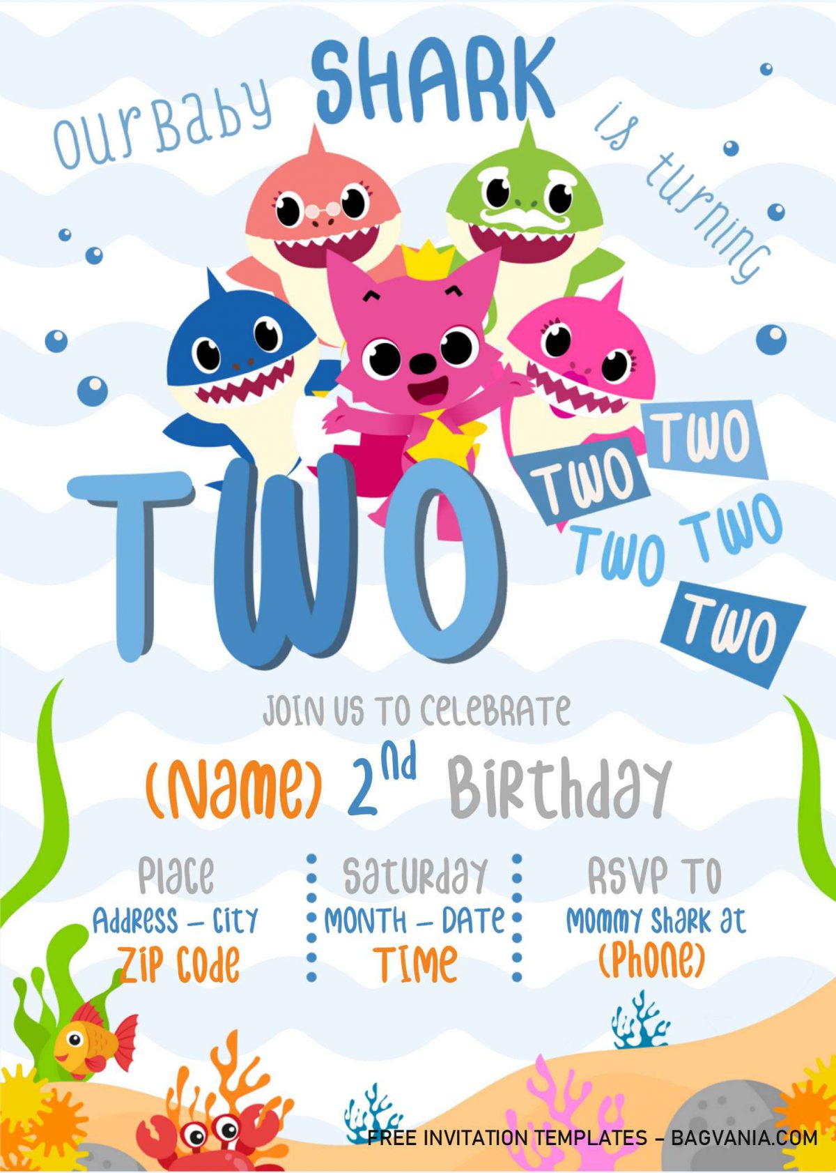 Baby Shark Birthday Invitation Templates - Editable With Microsoft Word and has blue wave pattern