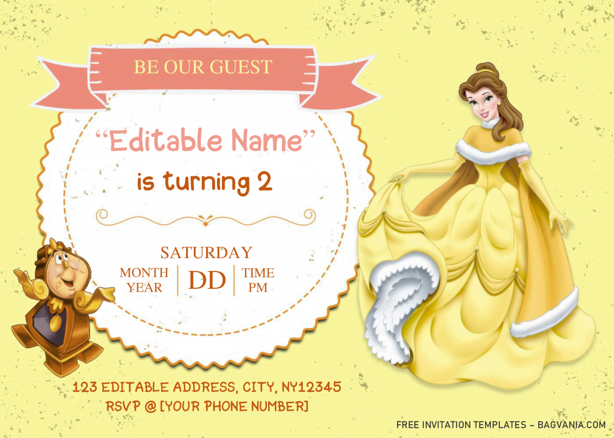 Beauty And The Beast Baby Shower Invitation Templates - Editable With MS Word and has happy belle and cogsworth