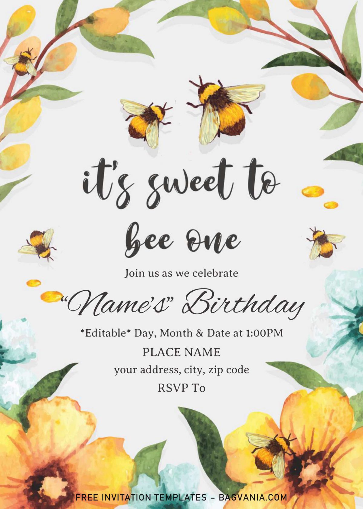 First Bee Day Birthday Invitation Templates - Editable .Docx and has watercolor sunflowers