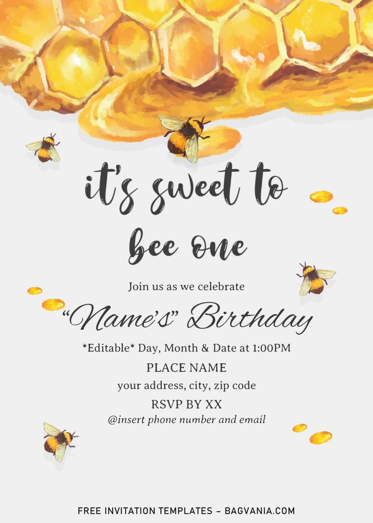 First Bee Day Birthday Invitation Templates - Editable .Docx and has canvas background