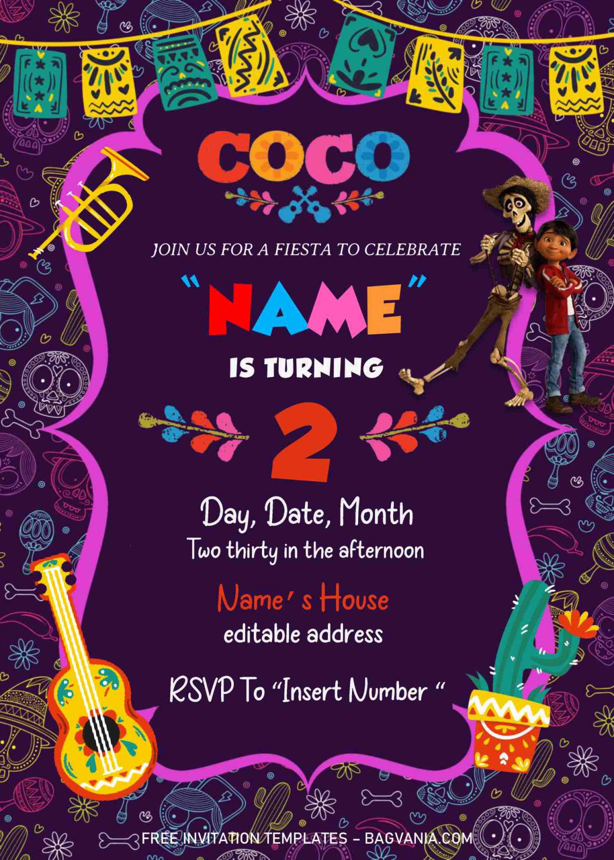 Coco Pixar Birthday Invitation Templates - Editable With MS Word and has portrait orientation