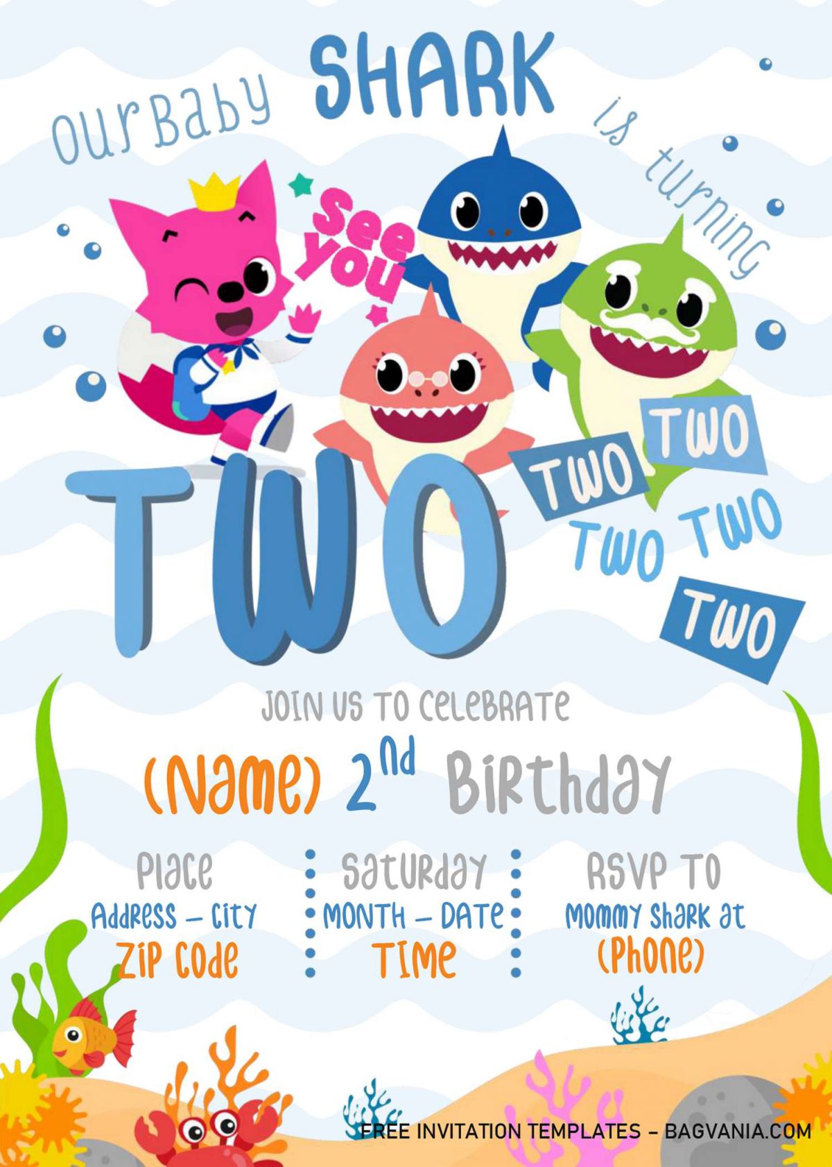 Baby Shark Birthday Invitation Templates - Editable With Microsoft Word and has baby shark family