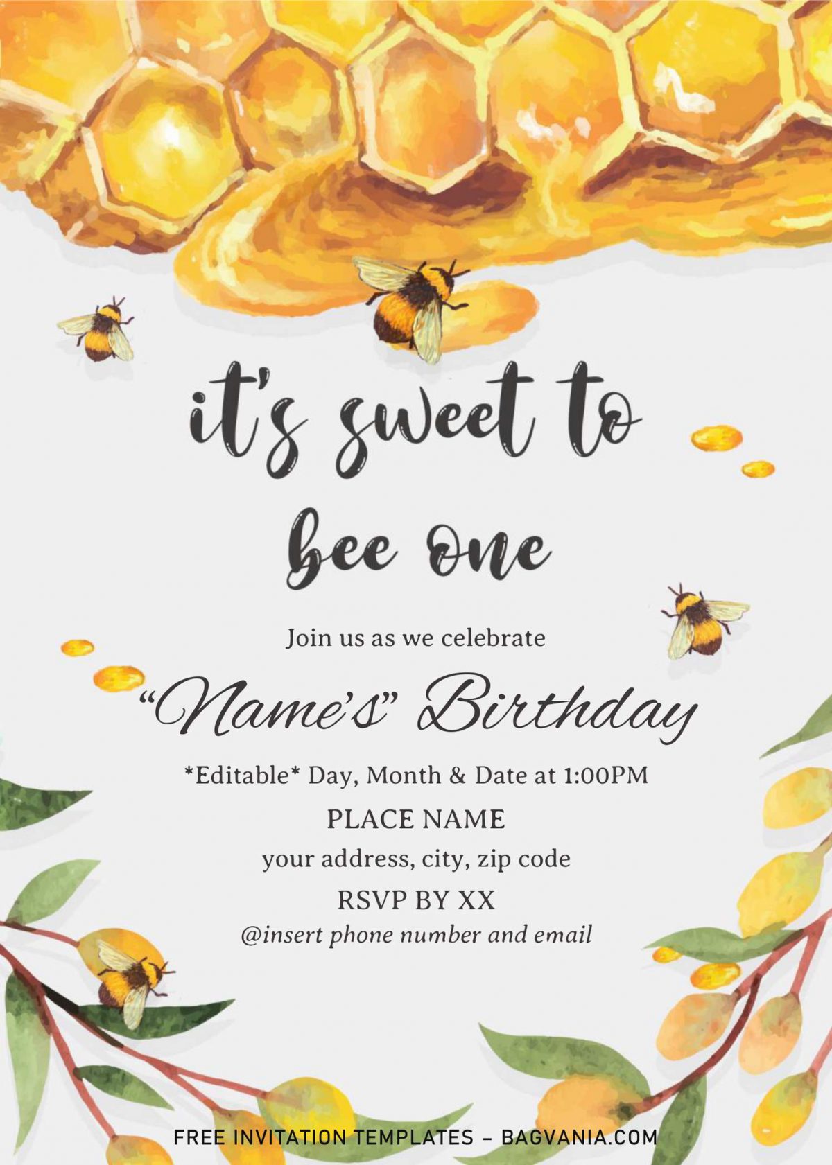 First Bee Day Birthday Invitation Templates - Editable .Docx and has watercolor honey and bee