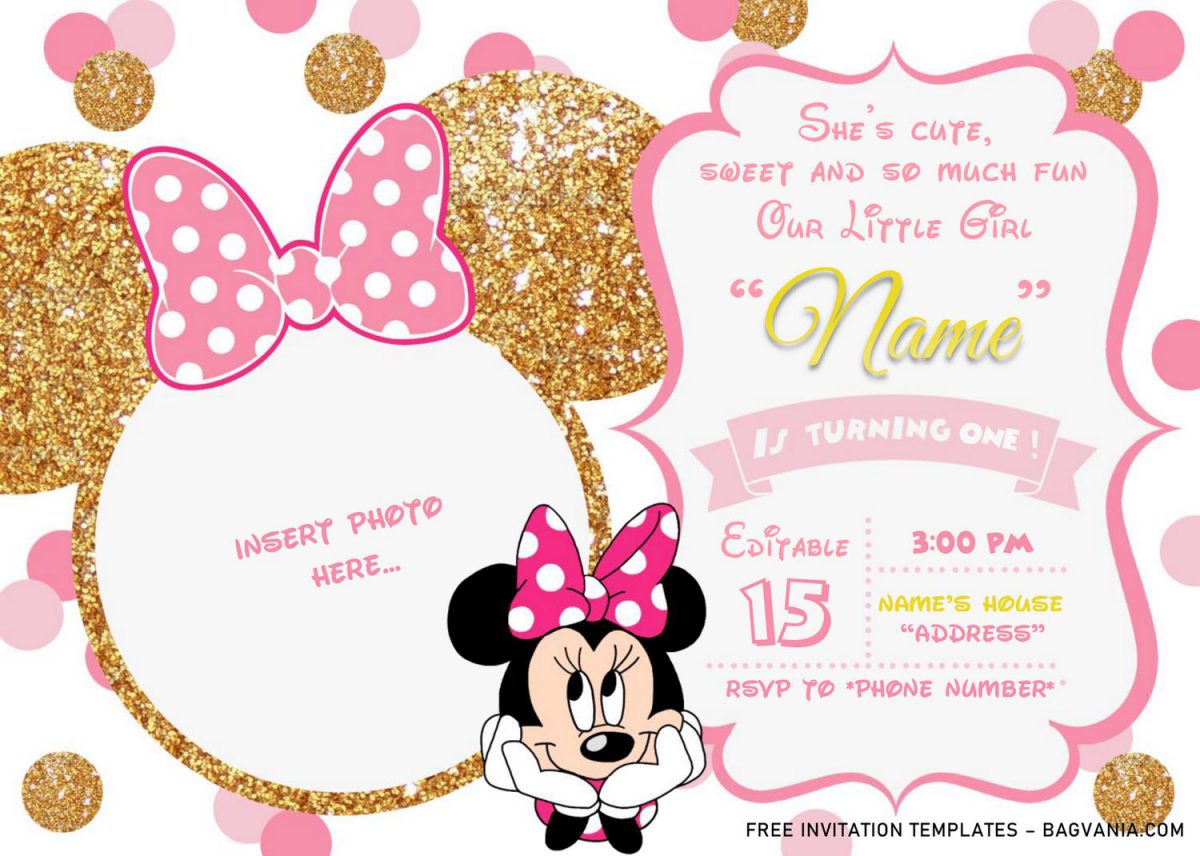 Pink And Gold Minnie Mouse Birthday Invitation Templates - Editable .Docx and has landscape design and picture frame