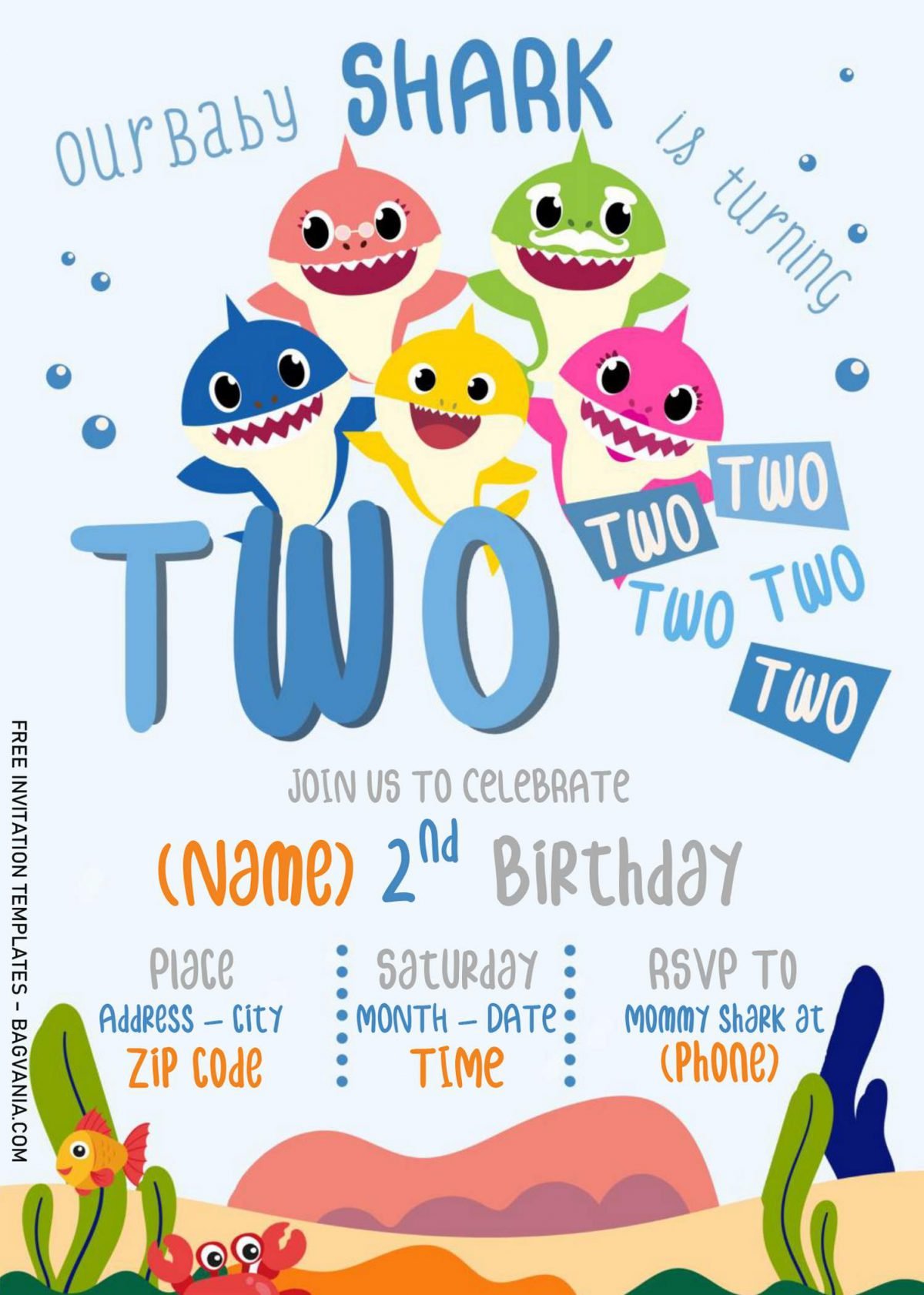 Baby Shark Birthday Invitation Templates - Editable With Microsoft Word and has portrait design