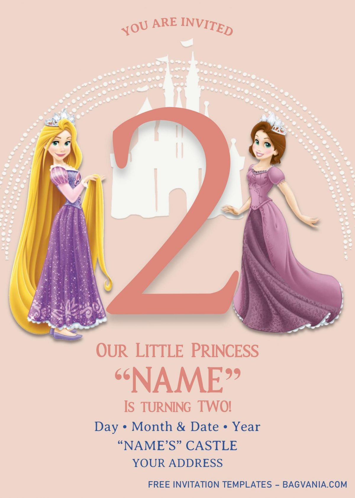 Disney Princess Birthday Invitation Templates - Editable With MS Word and has white princess castle