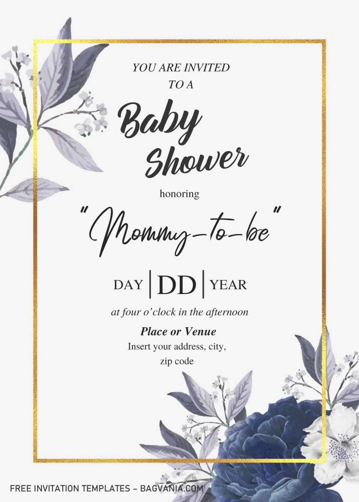 Dusty Blue Rose Baby Shower Invitation Templates - Editable With MS Word and has dusty blue roses and gold frame border