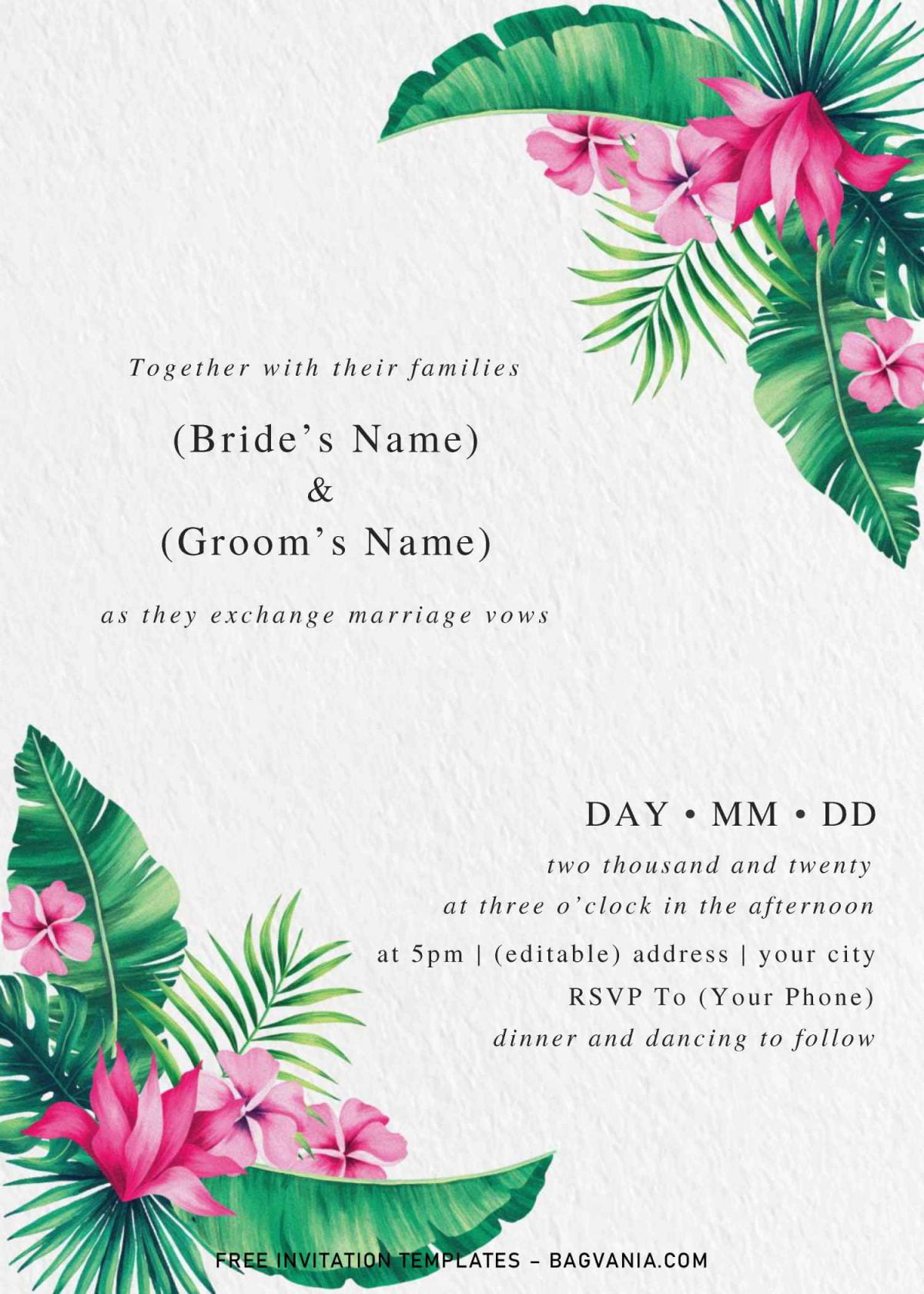 Modern Tropical Wedding Invitation Templates - Editable With MS Word and has palm leaves