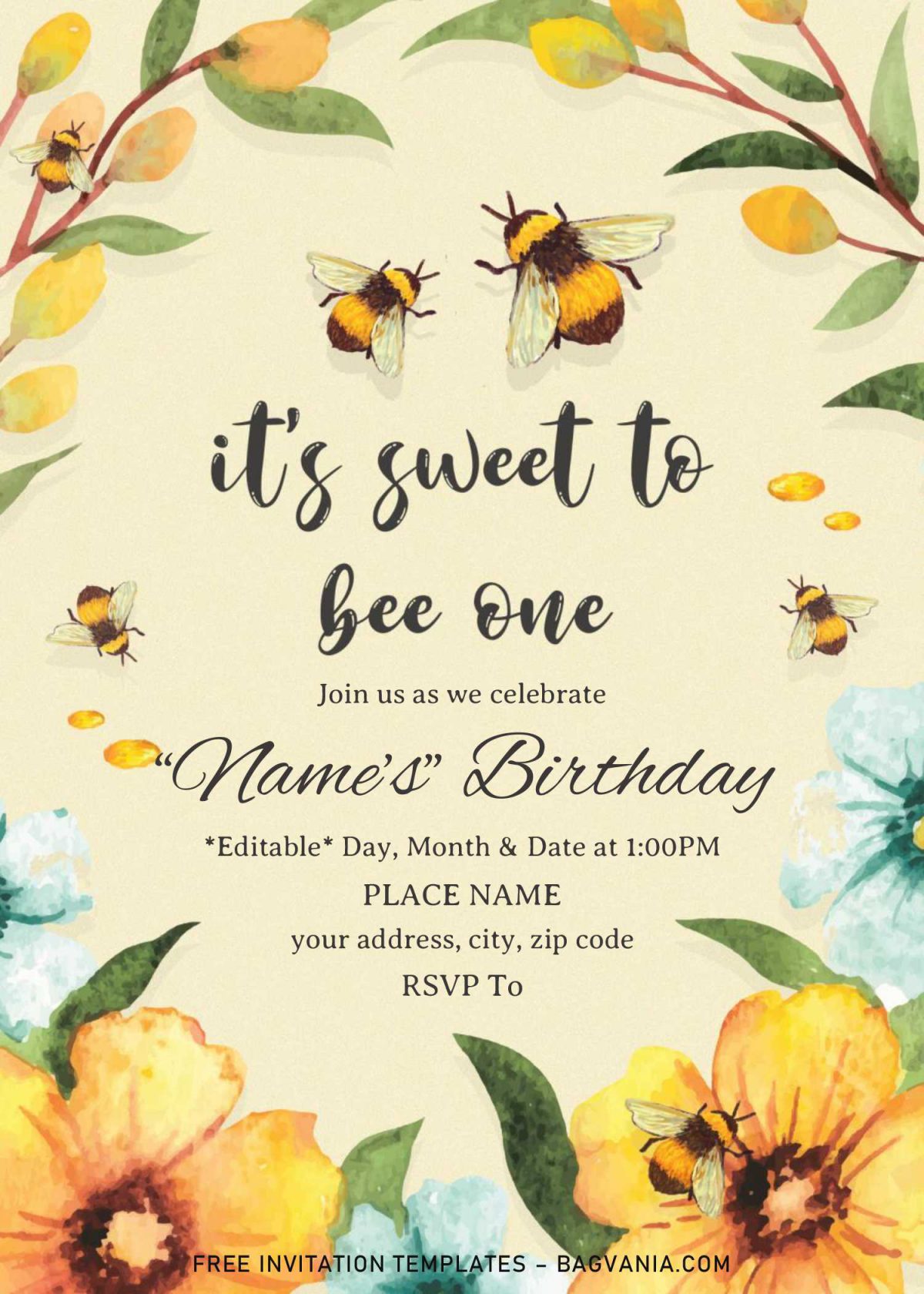First Bee Day Birthday Invitation Templates - Editable .Docx and has Watercolor bees illustrations