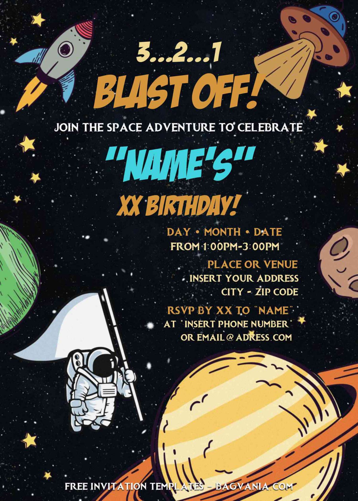 Free Astronaut Birthday Invitation Templates For Word spaceship and neil armstrong