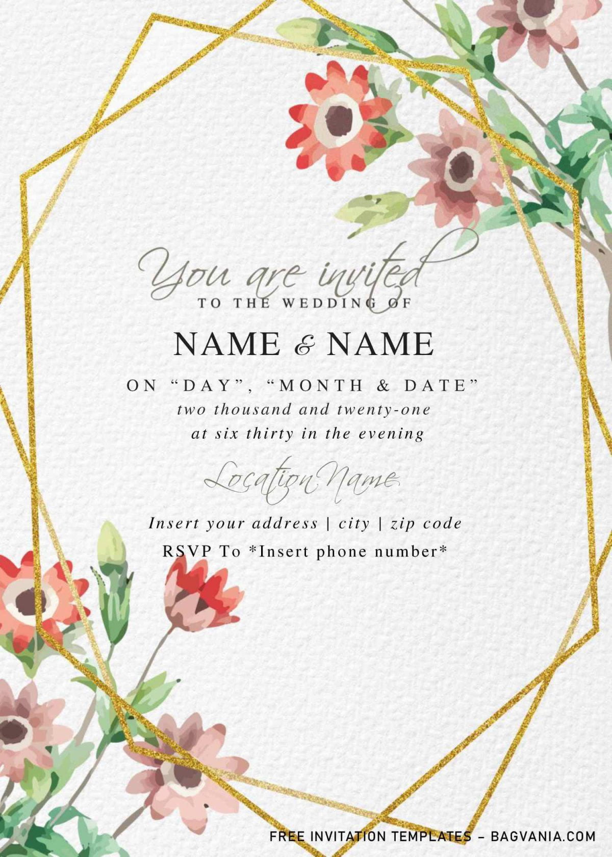 Free Botanical Floral Wedding Invitation Templates For Word and has gold geometric pattern