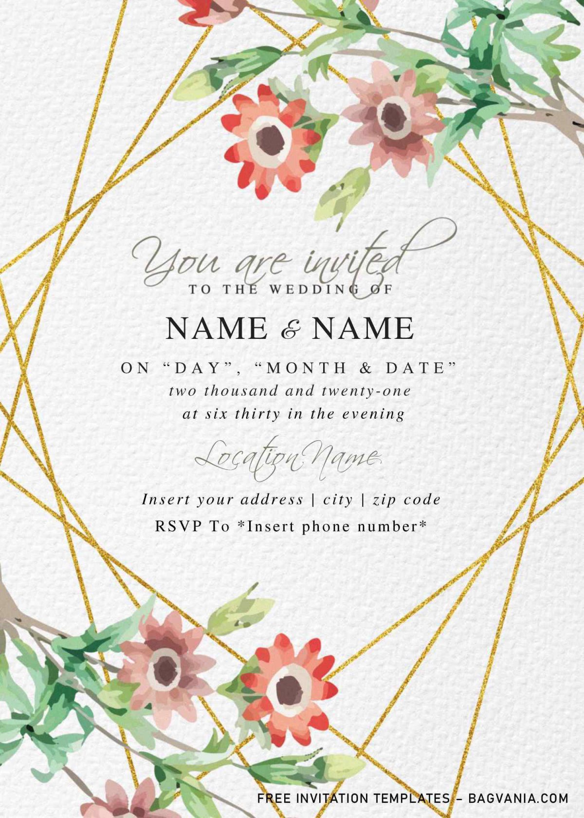 Free Botanical Floral Wedding Invitation Templates For Word and has gold geometric frame