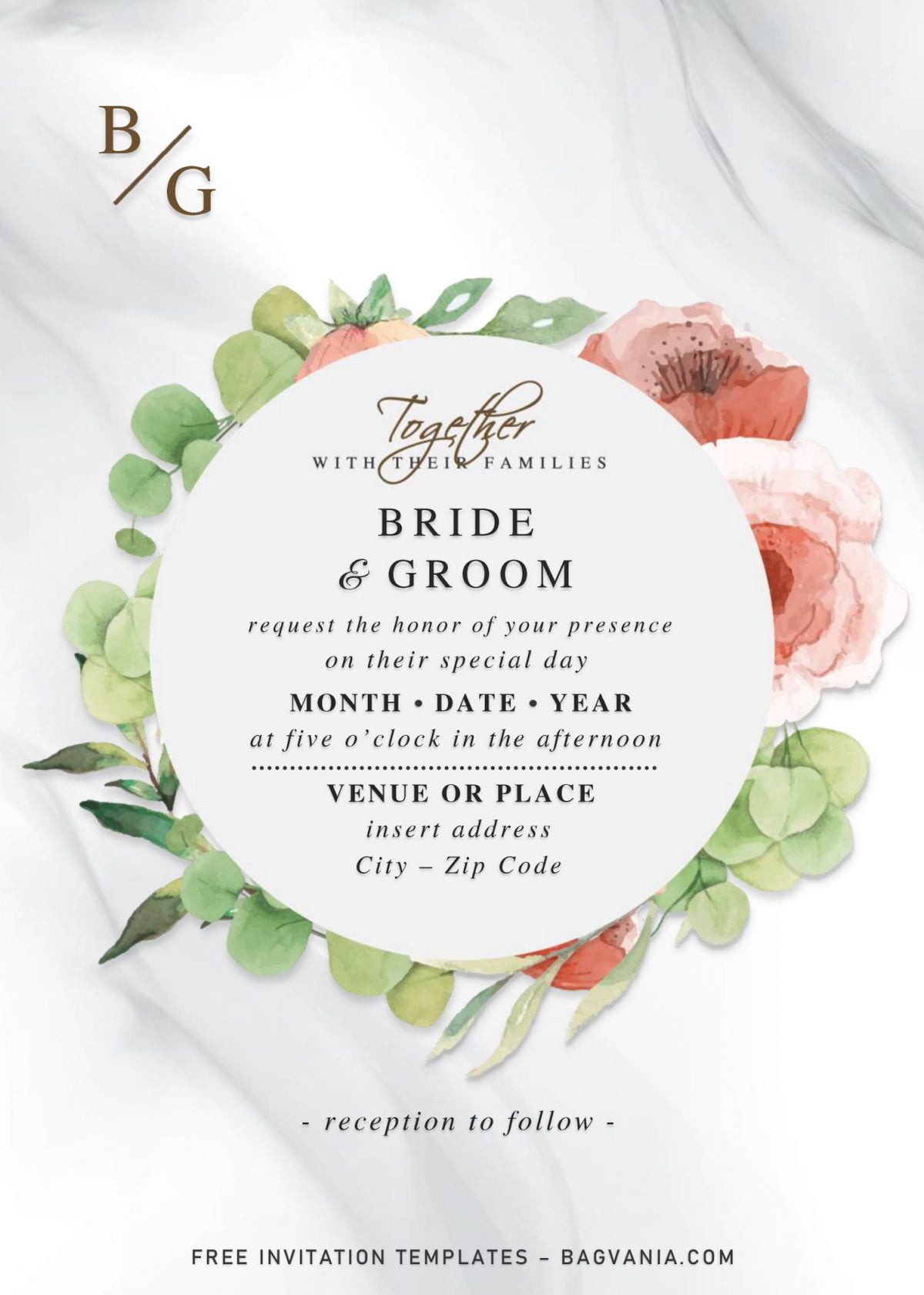 Free Vintage Floral Wedding Invitation Templates For Word and has white and black marble background