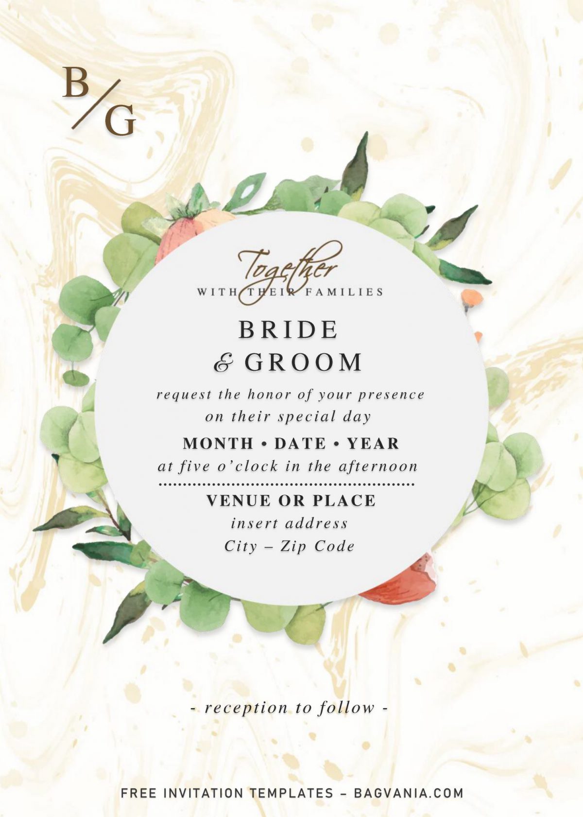 Free Vintage Floral Wedding Invitation Templates For Word and has white and gold marble background